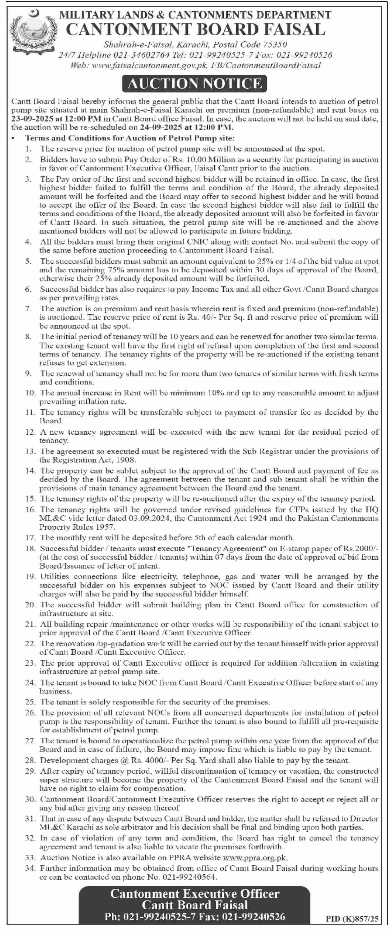 Cantonment Board Karachi Tender Notice
